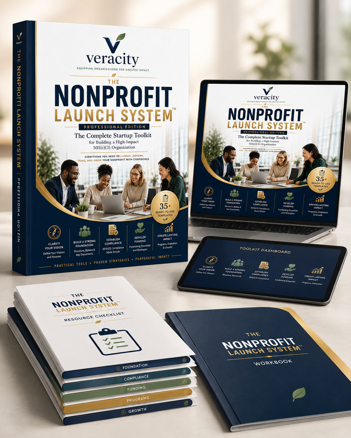 The Nonprofit Launch System shown as a boxed digital toolkit with workbook and organized resources